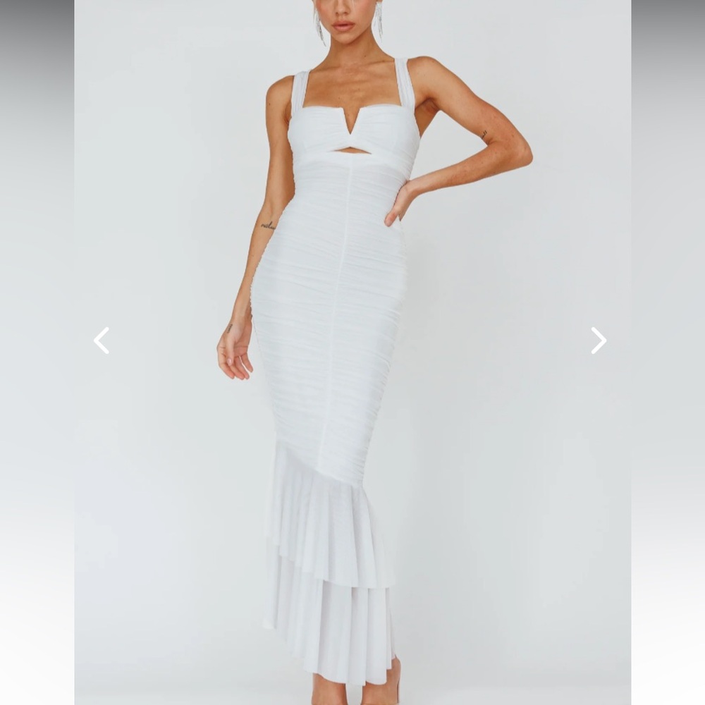 Nadia Ruched Fishtail Maxi Dress White